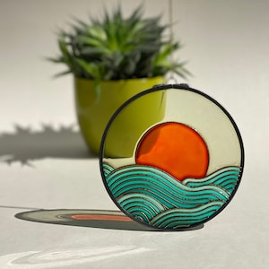 Ocean Waves Suncatcher: Sunrise Painting on Recycled Glass