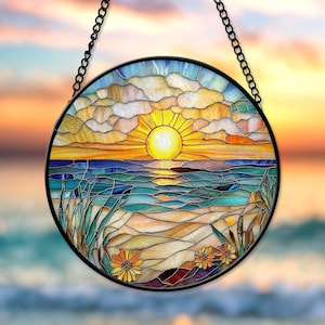 Beach Sunset Suncatcher, Waves On The Beach Faux Stained Glass, Beach Lover Home Decor, Beach Sunrise Suncatcher, Summer Vibes Gift