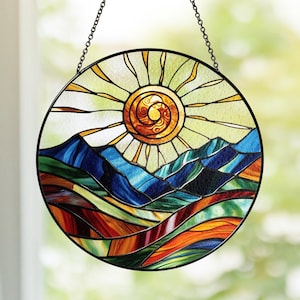 Sun Mountain Range Stained Glass Suncatcher, Nature Glass Art, Sunshine Window Hangings, Nature Inspired Sunset Sunrise Art