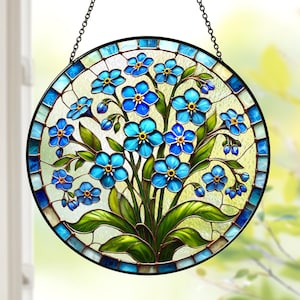 Forget-Me-Not Stained Glass Suncatcher, Blue Floral Sun Catcher Window Hanging, Boho Nature Inspired Art, Botanical Glass Ornament