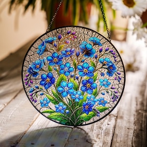 Forget Me Not Stained Glass Suncatcher, Handmade Floral Window Hanging Decor, Nature-Inspired Botanical Glass Ornament, Sun Catcher Gifts