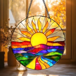 Colorful Sunrise STAINED GLASS Suncatcher – Vibrant Landscape Window Hanging | Round Sun and Nature Art Panel | Boho Home Decor Gift
