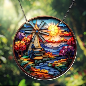 Windmill Sunset Acrylic Window Hanging Sunset Acrylic Suncatcher Vibrant Autumn Landscape Wall Art for Nature Lovers Sunset Colorful