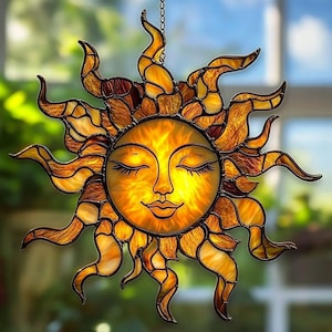Radiant Sun Face Acrylic Suncatcher – Faux Stained Glass Window Hanging – Boho Sunshine Decor & Gift for Nature Lovers