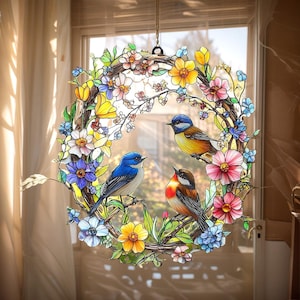 Spring Birds Floral Suncatcher Window Decor - Handmade Acrylic Sun Catcher With Colorful Wildflowers