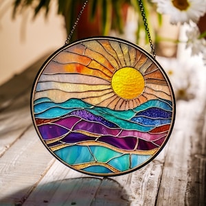 Sunrise Stained Glass Suncatcher, Colorful Mountain Sunset Window Decor, Boho Rainbow Sun Art, Nature Lover Gift, Handmade Home Accent