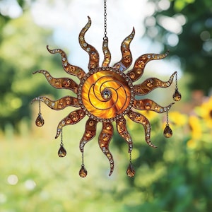 Radiant Sun Acrylic Suncatcher – Faux Stained Glass Sunburst Window Hanging with Mosaic Jewels & Swirling Rays, Gift for Nature Art Lovers