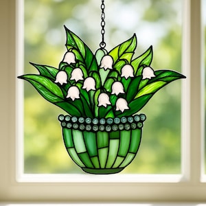Lily of the Valley Acrylic Suncatcher, Floral Basket Window Hanging, Spring Flower Stained Glass, Birth Month Flower FAUX Stained Glass