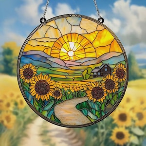 Sunflower Field Sunrise Stained Glass Acrylic Suncatcher - Window Hanging Nature Scene, Country Landscape Gift For Her Or Home Decor