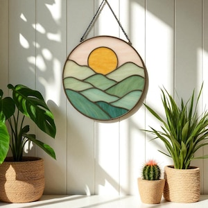 Stained Glass Sun and Mountain Suncatcher: Handmade Nature Art
