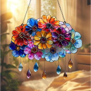 Colorful Flower ACRYLIC Faux Stained Glass Acrylic Suncatcher with Charm, Spring Window Hanging Decor Gift for Her or Garden Lovers