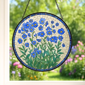 Forget-Me-Not Stained Glass Suncatcher, Window Hanging Decor, Handmade Floral Sun Catcher, Nature Inspired Art, Botanical Glass Ornament