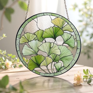 Round Ginkgo Leaf Stained Glass Suncatcher/Ginkgo Window Hanging/Gift for Plant Lovers or Mom/Autumn Garden Boho Nature Inspired Home Decor