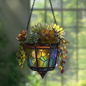 Acrylic Holographic Succulent Suncatcher, Boho Plant Window Hanging, Handmade Sun Catcher Decoration, Green Home Decor Ornament Gift