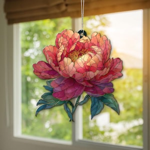 Peony Acrylic Suncatcher Birth Flower Faux Stained Glass Suncatcher Flower Window Hanging Birth Flower Birthday Gift Christmas Gifts for Her