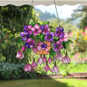 Violet Flowers Faux Stained Glass Suncatcher, Acrylic Window Hanging for Floral Home Decor, Hanging Flower Basket Suncatcher for Nature Love
