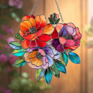 Colorful Floral Acrylic Suncatcher – Stained Effect Window Hanging, Garden Ornament, Nature & Flower Lovers Gift