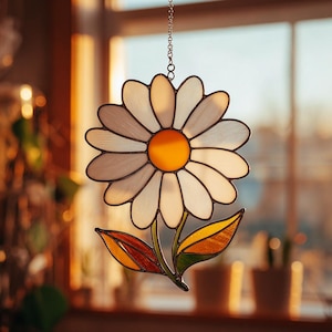 2D Daisy Flower Acrylic Window Hanging, Stained Glass Style Suncatcher with Crystal Charm, Bright Floral Ornament for Home Decor