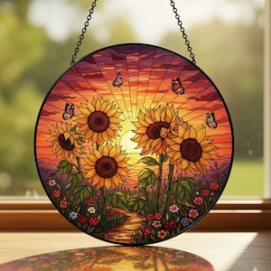 Sunflower Suncatcher, Colorful Mosaic Art Panel, Sunset Window Hanging, Gardener Gift for Her, Farmhouse Decor, Luminous Light Catcher