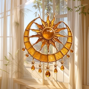 Celestial Sun & Moon Acrylic Suncatcher – Amber Crescent Faux Stained Glass Window Hanging, Boho Witchy Home Decor, Fall Autumn Gift