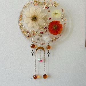 Autumn Pressed-Flower Resin Suncatcher • Gold Leaf + Crystal Window Hanging • Handmade UK Nature Gift