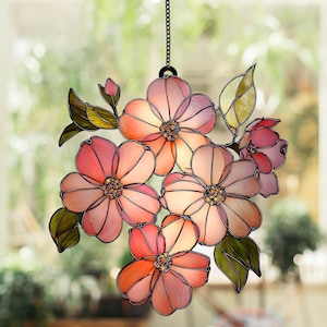 Pink Dogwood Flower Acrylic Suncatcher, Floral Window Hanging Panel, Spring Bloom Decor, Handmade Glass Art Gift for Nature Lovers