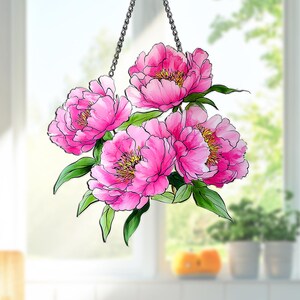 Acrylic Suncatcher Pink Peony Flower Window Hanging, Elegant Floral Home Decor for Women, Garden Bloom Decoration for Mothers